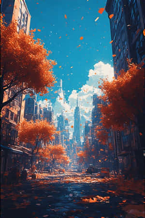 未來主義的城市街道，兩旁種滿橙色樹木，落葉飄飄，藍天為背景。 — 城市 壁紙