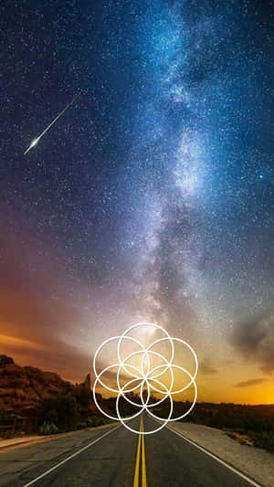 沙漠公路在星空下，有生命之花符號和流星。 — 美學大理石 壁紙