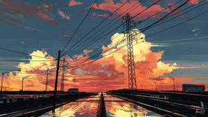 一條濕漉漉的高速公路在充滿活力的日落天空下，有電線和雲。 — 火車 壁紙
