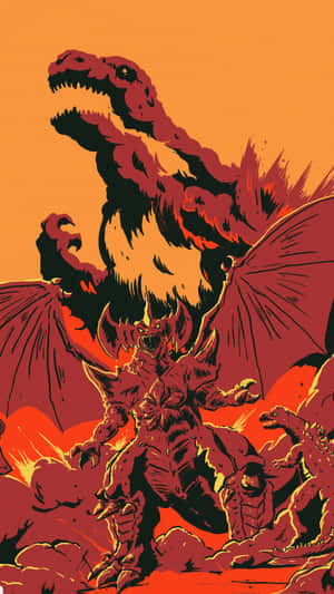 一條紅龍與惡魔戰士在熾熱的火山景觀中戰鬥。 — 哥吉拉大戰金剛 壁紙