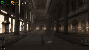 黑暗石頭走廊中有高柱和火炬的遊戲場景。 — 電玩遊戲 GIF 壁紙