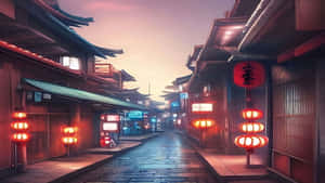 一條寧靜的日本街道在黃昏時分，被發光的紅色燈籠和霓虹燈照亮。 — 日本 壁紙