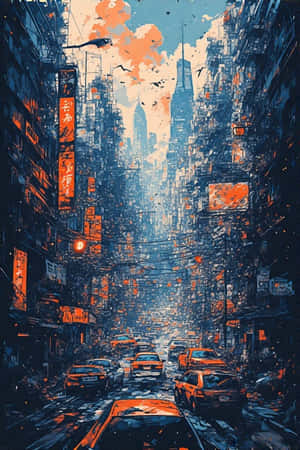 未來主義城市街道，高聳建築、霓虹燈牌和橙色計程車，天空多雲 — 城市 壁紙