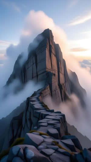 一條蜿蜒的石徑在日出時分穿過薄霧，攀登岩石山峰。 — 1440x2560 壁紙