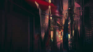 雨濕的城市小巷在夜晚閃爍著紅色霓虹燈光。 — 簡約暗黑美學 壁紙