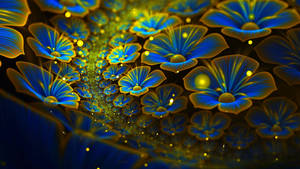 發光的藍色和黃色花朵形成一條隧道，並有漂浮的金色粒子。 — Windows 11 4K 壁紙