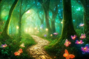 神奇綠色樹冠下，神秘森林小徑上有發光的蝴蝶和花朵。 — 樹木 壁紙