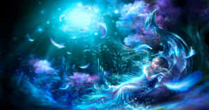 在神奇的水下場景中，一條發光的美人魚被漂浮的羽毛包圍。 — 仙女美學 壁紙