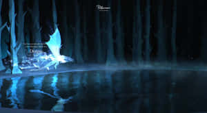 一條發光的藍色巨龍在夜晚從黑暗的森林湖泊中升起。 — 魔法森林 壁紙