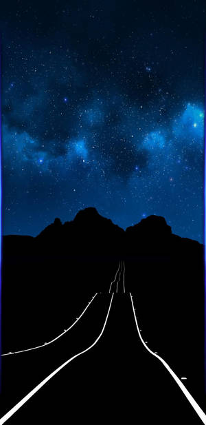 一條發光的道路通向山脈，在星空夜空下，有宇宙雲層。 — 筆記 8 壁紙