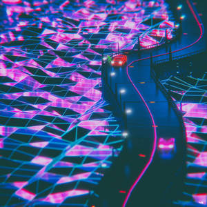 夜晚，幾何光圖案表面上有發光汽車的霓虹燈道路。 — 霓虹 壁紙