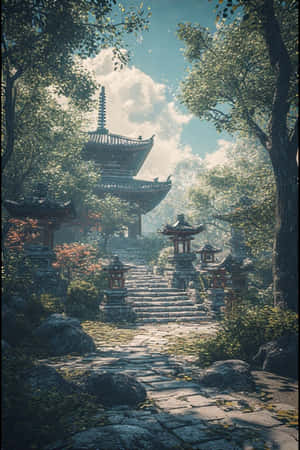 一條石徑通往一座被樹木和燈籠環繞的寶塔，天空晴朗。 — 簡約 壁紙