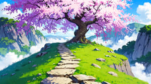 一條石徑通向山丘上的一棵大櫻花樹，背景有山和雲。 — 櫻島麻衣 壁紙