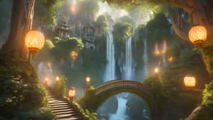 一條發光燈籠照亮的小徑，通往神秘森林中瀑布上的橋樑，並有寺廟遺跡。 — 5120x2880 壁紙
