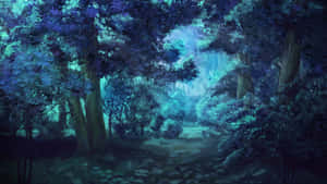 神秘森林小徑在茂密樹冠下閃爍著藍色和藍綠色光芒。 — 動畫風景動圖 壁紙