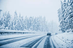 在一個有霧的冬日，兩輛汽車在一條積雪的道路上行駛，穿過一片雪白的森林。 — MacBook Air 13 壁紙