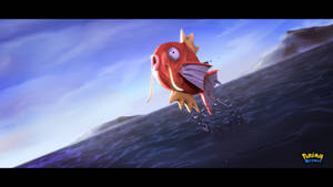 紅色動畫魚在陰天下從海水中躍出。 — 夜魔俠 壁紙