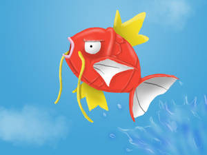 一條紅色卡通魚，黃色魚鰭，跳過藍天。 — 夜魔俠 壁紙