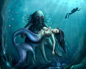 一條美人魚被箭刺穿，被一隻巨型章魚在水底抓住，附近還有一位潛水員。 — 美人魚 壁紙