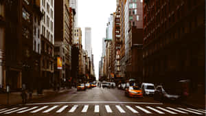 城市街景，黃色的士和行人正在斑馬線上過馬路。 — 紐約 壁紙