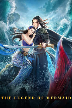 一條美人魚和一位戰士在暴風雨的海浪中一起站著，手持一把劍。 — 美人魚 壁紙