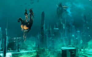 一條美人魚騎著馬穿過一個被淹沒的未來城市。 — 美人魚 壁紙