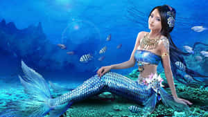 一條擁有藍色鱗片尾巴的美人魚坐在珊瑚礁上，熱帶魚在她周圍游動。 — 芭比美人魚 壁紙