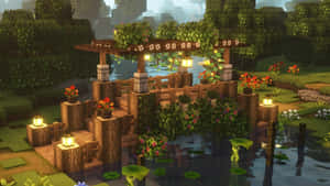 Minecraft花園中池塘上方一座帶有發光燈籠的木橋。 — 塔橋 壁紙