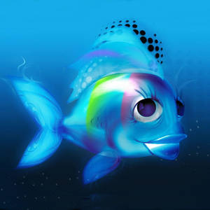 一條色彩繽紛的卡通魚，有大眼睛，在藍色的海水中游動。 — 海景 壁紙