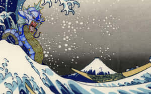 一條藍龍從靠近雪山的海浪中升起，一艘船經過。 — 水龍 壁紙