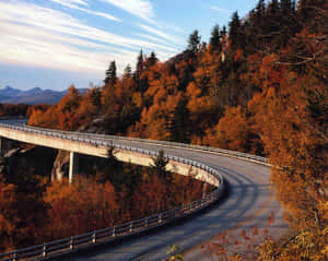 橋上彎曲的道路，周圍是秋天的樹木和遠山。 — 5:4 壁紙