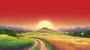 蜿蜒小徑穿過麥田通往城堡，日落與山景 — 插畫 壁紙