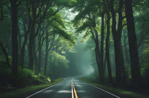 一條安靜的道路蜿蜒穿過茂密的綠色森林，霧氣和陽光透過高大的樹木。 — Surface Laptop 壁紙
