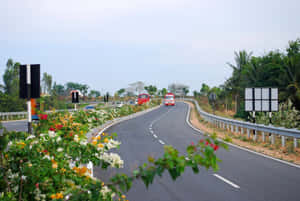 蜿蜒的道路，有紅色巴士和花叢，位於熱帶環境中。 — 3:2 壁紙