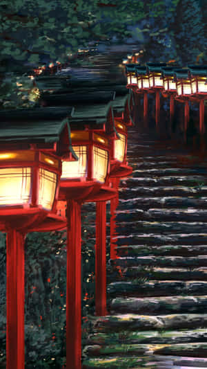 紅色燈籠排列在穿過黑暗森林的石階梯上。 — 日本武士 壁紙