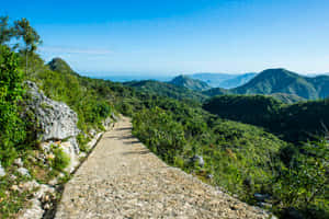 蜿蜒石徑穿過青翠山巒，在清澈藍天下 — 海地 壁紙