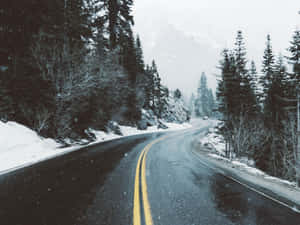 蜿蜒積雪道路穿過森林，雪花飄落 — 冬季風景 壁紙