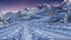 暮色中通往亮燈小屋的積雪山路。 — 雪景 GIF 壁紙