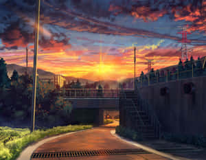 日落時分，蜿蜒的道路，橋樑和電線，背景是山脈。 — 動漫風景美圖 壁紙