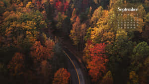 俯瞰一條彎曲的道路穿過色彩繽紛的秋樹，帶有九月日曆疊加。 — 九月 壁紙