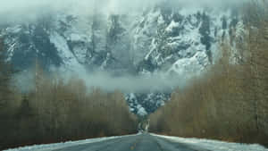 蜿蜒的道路穿過冬季森林，通向霧中的雪山。 — 冬季風景 壁紙