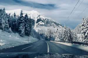 積雪的道路蜿蜒穿過森林，背景有山脈。 — 雪山 壁紙