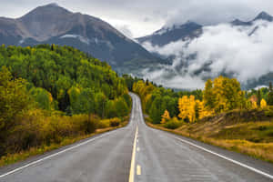 蜿蜒的道路穿過秋天的森林，背景是霧氣籠罩的山脈 — 自然 壁紙
