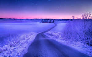 一條積雪的道路蜿蜒穿過冰凍的田野，下方是星空紫色和粉紅色的天空。 — 日落 壁紙