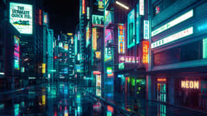 霓虹招牌在未來日本城市的潮濕街道上閃耀於夜晚。 — 霓虹燈 壁紙