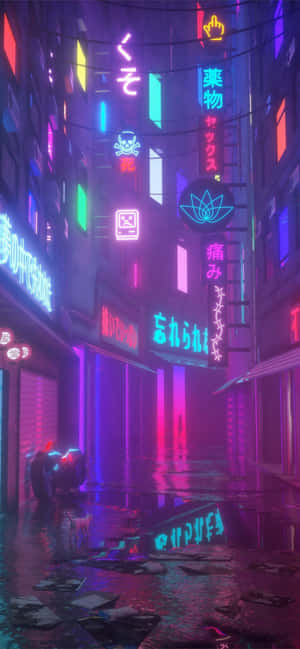 霓虹招牌在雨夜的賽博朋克小巷中閃爍。 — iPhone 14 Plus 壁紙