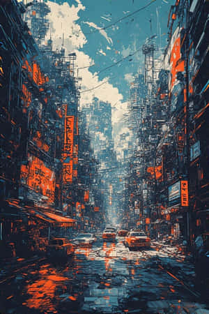 霓虹燈照亮的賽博龐克城市街道，帶有雨水倒影和高樓大廈 — 城市 壁紙