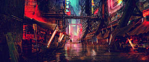 夜晚霓虹燈閃爍的科幻小巷，帶有雨水倒影和高聳建築物。 — 賽博龐克城市 壁紙