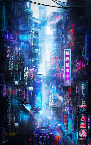 夜晚霓虹燈照亮的賽博龐克城市街道，有雨和高聳的建築物。 — Pixel Tablet 壁紙
