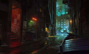 雨夜都市小巷，霓虹燈牌和濕漉漉路面的倒影。 — 昏暗 壁紙